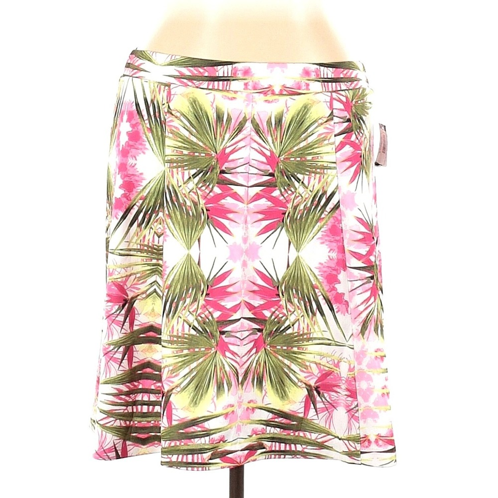 INC Womens Tropical Hawaii Exotic Resort Skirt 1X Pink Green Palm Leaf Bloom NEW